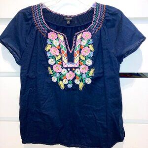 Woman's Talbots blouse; navy with flower stitching